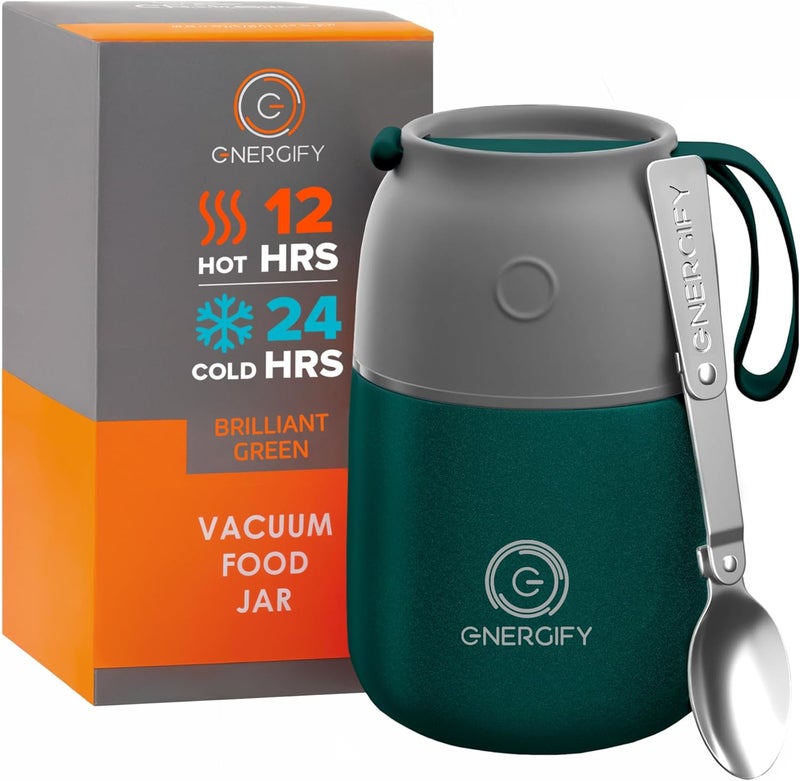 ENERGIFY Vacuum Insulated Food Jar. Large 17oz Bowl incl. Folding Spoon, Cup. Wide Mouth Keep Hot & Cold Drinks Soup Lunch Container for Adults. BPA-Free Stainless Steel, Proof Brilliant Green - Image 1